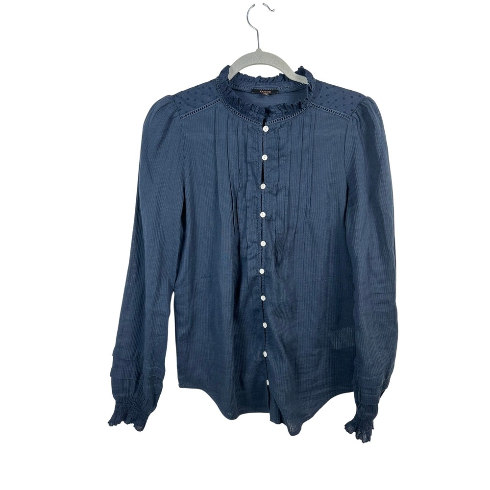 Quince Organic Textured Cotton Peasant Blouse Womens M Navy Blue Boho